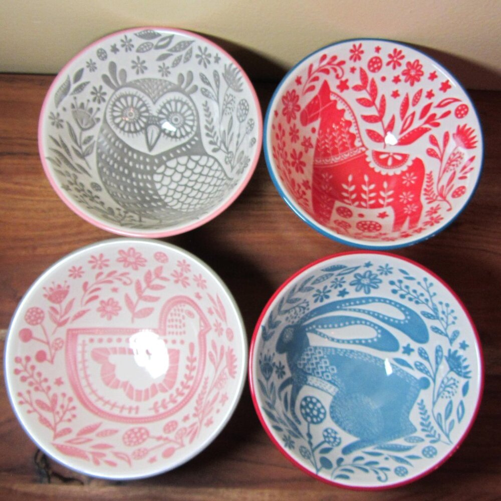 cost plus world market 4 scandi folklore bowls dala horse owl rabbit (W5494)